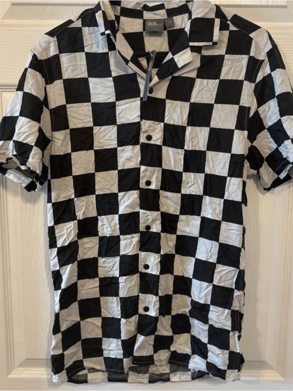 ASOS Black and White Checkerboard Short Sleeve Button-Down Shirt